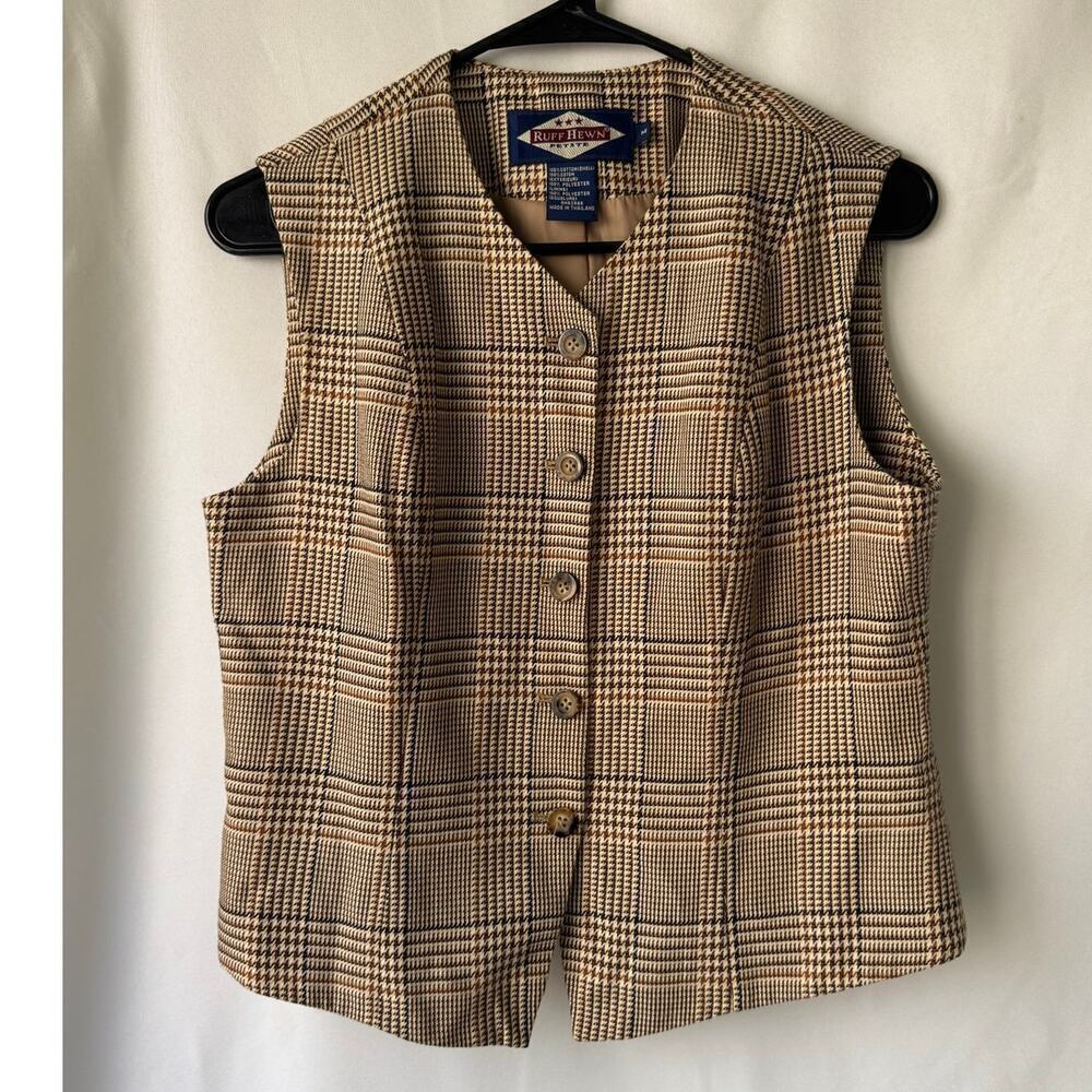 Vtg Ruff Hewn Womens Vest MP Medium Petite Tan‎ Plaid Academia Western Fisherman